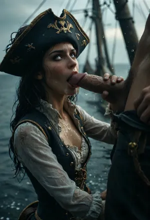 1girl, 1man, beautiful flat-chested, (Diana from warcraft), gives a blow-job to old gigantic male pirate captain, (oral sex:1.5), (cum splashing into face:1.6), (Diana is an incredibly beautiful woman with a slim and athletic build), perfect face, (she wears somewhat revealing clothes, consisting of a white blouse with seperate long sleeves, with a dark green vest that reveals her abdomen, black bell-bottom pants, black high-heeled boots and wears a black pirate hat on her head), (in front of an old harbor bar in a dark alley), (exploding pirate sailing ships in the background:1.6), (pirate harbor:1.4), (old male pirate captain), cumming onto face, heavy rain, night, storming, action pose, random view angle, huge explosion in harbor background shines brightly the body of the sexy pirate, wet, wet clothes, wet skin, wet hair, PiRe, Explosion, Artstyle, tongue, out, ahegao, drool, <lora:MJ52:.5>, <lora:dark:.1>, <lora:Explosion Artstyle - Trigger is Explosion Artstyle:1.1>, <lora:ahegao_sdxl_v4:.8>