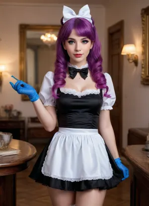 "I am a female alpaca. I have big pink lips with a purple contour, covered with shiny oil. I am presented in high resolution, with perfect lighting and full inclusion in the frame. My arms, legs, and face are detailed, with an emphasis on ultra-realistic details. I have long, gorgeous hair and a perfect, well-proportioned figure. My skin and hair have been treated to look healthy and shiny. I have big, plump lips that shine and reflect light, with makeup that includes long blue eyelashes and olive eyeshadow with sparkles. My hair is styled in five pigtails with straight blue bangs decorated with sequins. My eyes have a snake-like look. I am presented in an aesthetically pleasing environment, with elements such as stars, nebula and the sky in the background. My clothes and accessories, including a black dress, gloves, and a ribbon around my neck, are carefully chosen to match the overall aesthetic., (cum on face:1.33), masterpiece, best quality, perfect lighting, full body, (french maid:1.23), cum, facial, dripping, *Neon hair*