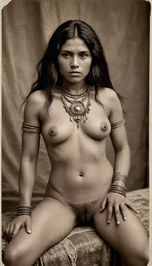 Vintage 1890s, Victorian, chieftainess of an Amazonian Indian tribe, strongly muscled, wild tribal jewelry, completely naked, tousled black hair, exposed pussy, very hairy pussy, pubic hair, 3/4 view, old torn sepia photograph, <lora:old_world:.8>