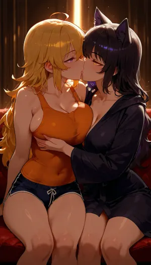 Yang Xiao, (RWBY), and Blake Belladonna, (RWBY), kissing and cuddling with each other on the couch in their pajamas., (Yang Xiao is a tall, busty woman with long, blonde hair, purple eyes, wearing a orange tank top and black short shorts.), , (Blake Belladonna, sexy cat girl, glowing yellow eyes, wearing black bath robe.), Dark, dim living room, cozy couch.

2 girls, assigned clothes, kissing, cuddling, hugging, grabbing boobs, soft, warm, 4k detail, clear, crisp.