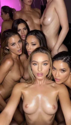 Highest quality photo, Party selfie photo, dim lighting, room party, crowded room party, lots of supermodels girls in the background, 21 year old instagram supermodel, skinny petite body, perfect natural boobs, supermodel figure, realistic detailed face, realistic detailed skin, nude topless, pov sex, group sex, ffffff, lesbian orgy