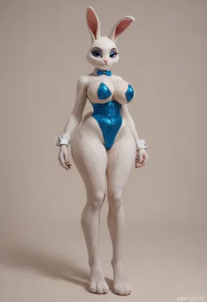 facing the viewer, ((makeup:1.5), long fake eyelashes, blue eyeshadow with glitter), (anthro furry rabbit:2), (anthro rabbit girl:1), sexy hourglass figure, (long legs:1.4), fluffy tail, (huge tits:1.8), full body shot, (bunny paws), thick thighs, (huge bubble butt:1), (very wide hips:1.3), (narrow waist), anthro rabbit body