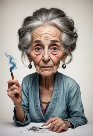 A sketch with black lines, caricature of a old woman with opium, drawn on white paper