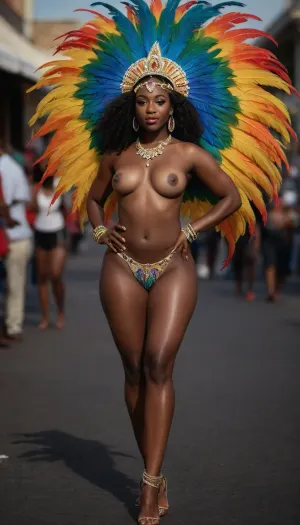 25 year old athletic topless carnival dancer, curvy, luscious nude breasts with dark nipples, round sexy ass, long toned legs, thong, dark skin ebony African, dancing on the street, carnival, Nassau, bright colors feather costume, posing, full view, tall