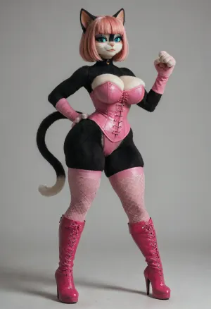 facing the viewer, ((makeup:1.5), long fake eyelashes, blue eyeshadow with glitter), (anthro furry cat:2), (anthro cat girl:1), sexy hourglass figure, long tail, (huge tits:1.8), full body shot, (cat paws), thick thighs, (huge bubble butt:1), (very wide hips:1.3), (narrow waist), anthro cat body, hot pink peekaboo hairstyle, bangs covering one eye, sultry expression, black fur, (hot pink corset, black miniskirt, pink knee high boots, white thigh high fishnet stockings), plain white background
