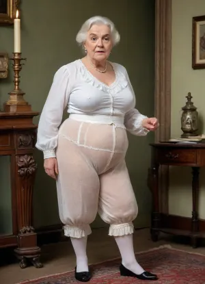 An elderly English aristocrat wearing long patterned trousers from the Victorian era an elderly aristocrat of the Victorian era in transparent underwear of the 19th century vintage., ((cameltoe)), white transparent knee-length knickers with embroidery and ruffles, (((knickers:1.4))), (old woman with fat folds and cellulite:1.1), Big ass Wide hips big thighs.knickers trousers of the Victorian era, (((flatchested:1.4))), kooo123, kooosawaguchiaika, <lora:Sawaguchi_Aika_v1_XL:.8>