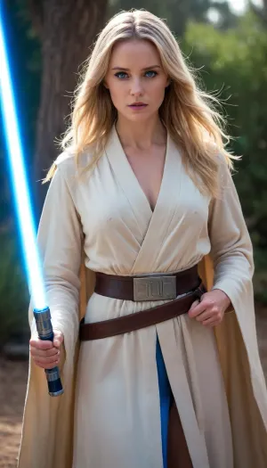woman, Jedi Knight, in Jedi Garb, day, outside, cinematic lighting, blue lightsaber in hand, fighting stance, long blond hair, blue eyes, elegant royal Jedi robes, showing breasts, partially clouded, <lora:chest_adjust:1.5>