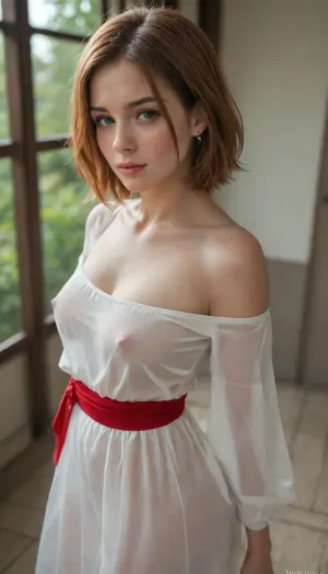 high angle, Famous pornstar mikasa ackerman, (((milf))), ginger hair, blue eyes, flat, chested, <lora:flat_chested_v3.5:.8>, fat ass, large hips, (score_9, score_8_up, score_7_up), 1girl, artistic, masterpiece, china Xinjiang Uyghur, skillful photography, best camera, focus, bokeh, new_look, Fresh_face, adorable round face, blush. Eyelashes, mesmerizing, pretty, beautiful, amazing beauty, clean_look, casual look, white clothes and red sash, transparent clothes, backlight, see-through clothes, side profile portrait, braless, soft puffy_nipples under transparent_clothes, background, (perfect fingers), (perfect human anatomy)