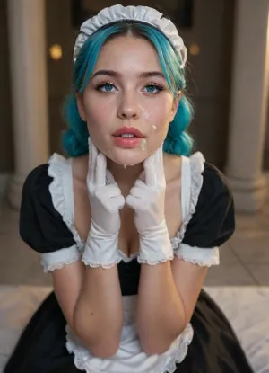 "I am a female alpaca. I have big pink lips with a purple contour, covered with shiny oil. I am presented in high resolution, with perfect lighting and full inclusion in the frame. My arms, legs, and face are detailed, with an emphasis on ultra-realistic details. I have long, gorgeous hair and a perfect, well-proportioned figure. My skin and hair have been treated to look healthy and shiny. I have big, plump lips that shine and reflect light, with makeup that includes long blue eyelashes and olive eyeshadow with sparkles. My hair is styled in five pigtails with straight blue bangs decorated with sequins. My eyes have a snake-like look. I am presented in an aesthetically pleasing environment, with elements such as stars, nebula and the sky in the background. My clothes and accessories, including a black dress, gloves, and a ribbon around my neck, are carefully chosen to match the overall aesthetic., (cum on face:1.33), masterpiece, best quality, perfect lighting, full body, (french maid:1.23), cum, facial, dripping, *Neon hair*