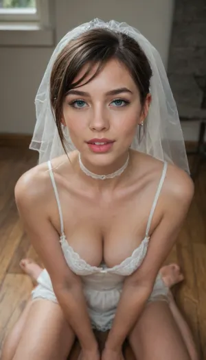 Gorgeous woman, milf, 43 years old, dressed in a white wedding dress, bridal veil, kneeling on the floor, goth makeup, sucking cum out of a used condom, happy, exhausted, and sweaty, with a satisfied expression, playful smile, fine detail, realistic skin texture, professional photography quality, 165cm, 50kg, slender and athletic build, balanced proportions, straight shoulders, lean arms, small saggy tits, defined collarbone, long neck, narrow waist, subtle curves, straight hips, long lean legs, oval face with angular bone structure, defined jawline, pointed chin, prominent cheekbones, lenticular light gray-blue eyes, slight upward tilt at outer corners, well-groomed eyebrows with subtle arch, long natural eyelashes, straight refined nose, medium-full lips with defined cupid’s bow, smooth complexion with age-appropriate skin texture, cool-to-neutral undertones, natural healthy glow, very short pixie cut with graduated textured layers, slightly tousled, side-swept asymmetrical bangs, very dark brown hair with subtle natural highlights, healthy shine, balanced posture, confident body language, white form-fitting fabric choker 1cm wide, silver stud earrings, tongue piercing, cinematic photography style, sharp focus