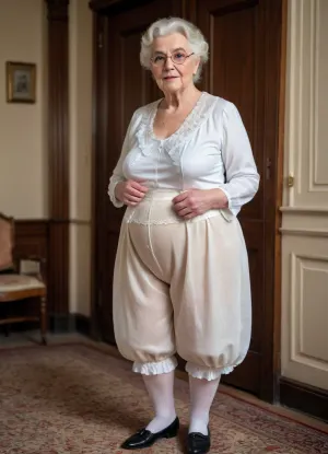 An elderly English aristocrat wearing long patterned trousers from the Victorian era an elderly aristocrat of the Victorian era in transparent underwear of the 19th century vintage., ((cameltoe)), white transparent knee-length knickers with embroidery and ruffles, (((knickers:1.4))), (old woman with fat folds and cellulite:1.1), Big ass Wide hips big thighs.knickers trousers of the Victorian era, (((flatchested:1.4))), tpsp, <lora:Torpedo_Tits_Anime-GMR-000007:.8>