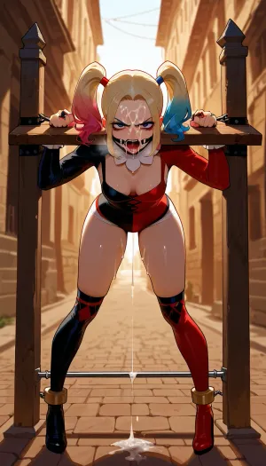 Harley Quinn, ring gag, pillory, small breasts, Look a viewer, angry, facial cum, standing, leaning forward, spreader bar, outdoor, Model, fully clothed
