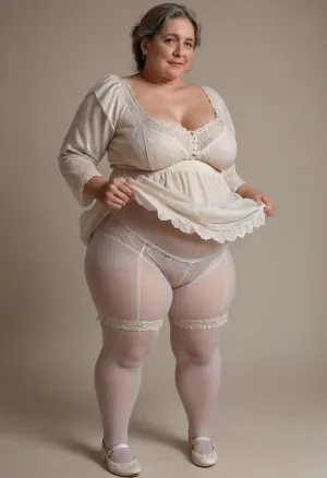 An elderly English aristocrat wearing long patterned trousers from the Victorian era an elderly aristocrat of the Victorian era in transparent underwear of the 19th century vintage. white transparent knee-length knickers with embroidery and ruffles, (((knickers:1.4))), (((tights))), (obese:1.1), (mature woman with fat folds:1.4), Big ass Wide hips big thighs.knickers trousers of the Victorian era, (((flatchested))), skirtlift, <lora:skirtlift_xl:.8>, Kurumi, Imari, <lora:Kurumi Imari:.8>