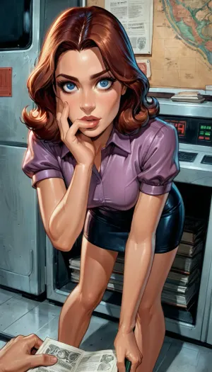 (Lois Lane), upper body shot, Adult woman with, (shoulder-length dark brown hair), slim professional build, wearing a, (purple blouse and black skirt), (standing inside a modern newsroom), (newspapers on the floor and walls), Superman photo on the wall, holding a notepad and pen, confident upright posture as if asking a question, Metropolis, small breasts, long legs, high contrast, (from behind:1.4), from above, (bent over at the printer machine:1.4), (hand on mouth), (wide eyes), (reiq style), <lora:ratatatat74-000050:2>, <lora:detailed_notrigger:2>