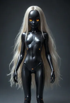 carbon android, mechA GIRL, carbon fiber body, carbon face, skinny, thigh gap, carbon pussy, very long metallic hair, thick hair, (cute:1.5), (young:1.5), cf_style, <lora:Carbon_Fiber_Style_World_Morph_SDXL_-_Snoodler_-_V2.0:.8>, ral-carbonfiber, <lora:ral-carbonfiber-sdxl:.8>, robot, transformation, robotization, <lora:RoboTF:.8>