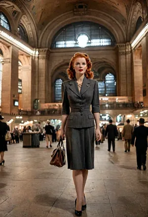 inside Grand Central, gorgeous redhead, famous actress of the 1940s, dressed in 1940s style travel outfit, 1940s travelling suit, perfect figure, 1940s makeup, 1940s entourage, authentic historical photography, original historic photography, period-accurate photo, 1940 style analog color photo, 1940 beauty standards, fully authentic photo in a 1940's era style, photographic quality, high quality glossy magazine photography, glamorous-photo, 1940s fashion magazine photo, full-body view, вид сверху под большим углом, great distance view, late night, dim lit, darkness, DonMN1gh7XL, <lora:Radiant_Darkness:1.6>, <lora:LCMTurboMix_Euler_A_fix:1.9>, <lora:style_lora_realis:.8>, <lora:Lightshow-000017:.8>, <lora:DonMN1gh7rXL-000006:.8>