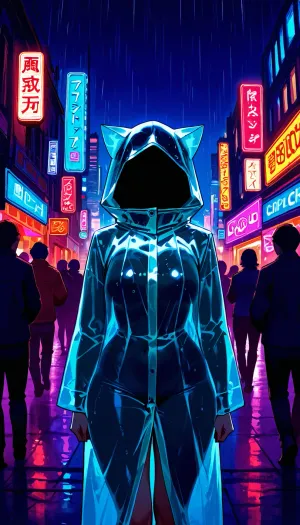 Cinematic, 70mm film, 1980's Blade Runner retro-futuristic San Francisco, night, neon signs, rainy wet streets reflecting the city lights, crowded vendor booths with crowds trying to get under cover, naked prostitutes wear clear plastic coats and cat call from covered awnings.