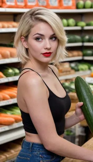Photorealistic image of Shelby, a sexy 20-year-old woman with short blonde pixie-cut hair slightly messy and tousled in a classic 80s hard rock style, fair skin with light freckles, sharp attractive facial features, high cheekbones, full lips with bold bright red lipstick, extravagant bold makeup, thick black winged eyeliner, long dramatic false eyelashes, heavy smoky eyeshadow in dark shades, perfectly arched eyebrows, confident and teasing expression with a knowing smirk, rebellious classic hard rock fan vibe, working in a fruit and vegetable shop, wearing a tight black tank top and tiny denim shorts, ((leaning over the counter holding a large thick cucumber in one hand and a long carrot in the other, pressing them suggestively against her red lips with a naughty wink)), subtle public risk vibe, natural store lighting, FTVGirls style erotic teasing with everyday objects, high detail textures.