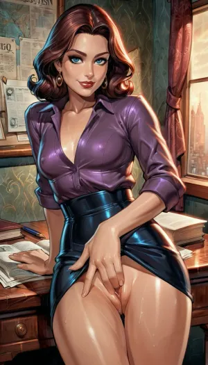 (Lois Lane), (upper body shot:1.4), Adult woman with, (shoulder-length dark brown hair), slim professional build, wearing a, (purple blouse and black skirt), (standing inside a modern newsroom), (newspapers on the floor and walls), Superman photo on the wall, holding a notepad and pen, confident upright posture as if asking a question, Metropolis, small breasts, long legs, high contrast, round ass, black panties, (sitting on desk:1.4), (she is fingering her wet pussy:1.2), legs spread, smiling, (reiq style), <lora:ratatatat74-000050:2>, <lora:detailed_notrigger:2>
