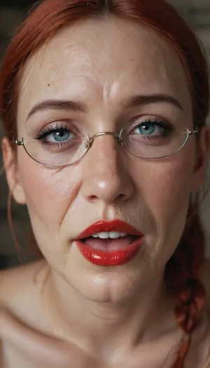 (face only:1.3), (red hair:1.3), glasses, ponytail, looking at viewer, orgasm, red lipstick, dungeon, (granny 75-80:1.3), (Deep wrinkles:1.2), face wrinkles, open mouth, goth makeup, close up, naked