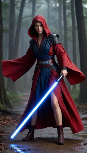 (((A cinematic Star Wars–style duel unfolds in a rain-soaked, ruined stone plaza at night. A calm, resolute female Jedi in torn robes wields a glowing blue lightsaber, her stance balanced and precise, eyes focused and serene. Opposite her stands a fierce male Sith, sharp-featured and aggressive, igniting a crimson lightsaber that crackles with raw power and rage. Rain hisses on scorched ground as blue and red blades clash in flashes of light, sparks flying, debris levitating under violent Force waves. The Sith attacks relentlessly with heavy, furious strikes, the Jedi counters with controlled, fluid movements guided by the Force. Dramatic lighting, storm clouds, cinematic motion blur, high detail, epic sci-fi fantasy atmosphere, tension between light and dark.))), (night, moon light, outside on jungle path, in ancient forest), cinematic lighting, (((fighting stance, holding lightsaber with both hands, lightsabers are crossed))), (elegant royal Jedi pr Sith robes), (prefect hands, prefect fingers, perfect feet), showing huge breasts, showing huge penis