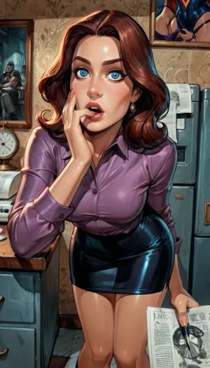(Lois Lane), upper body shot, Adult woman with, (shoulder-length dark brown hair), slim professional build, wearing a, (purple blouse and black skirt), (standing inside a modern newsroom), (newspapers on the floor and walls), Superman photo on the wall, holding a notepad and pen, confident upright posture as if asking a question, Metropolis, small breasts, long legs, high contrast, (from behind:1.4), from above, (bent over at the printer machine:1.4), (hand on mouth), (wide eyes), (reiq style), <lora:ratatatat74-000050:2>, <lora:detailed_notrigger:2>