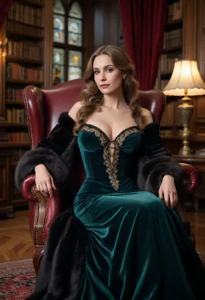 A beautiful portrait of a Victorian-era aristocratic Austrian 35yo woman lounging gracefully on a lavish leather chair in an extravagant library. Dressed in an simple but noble heavy velvet gown with a long train, she radiates elegance and sophistication. Natural saggy breasts slips out of the cleavage. Her fur-trimmed shawl enhance her regal presence, while the grand decor, stained glass windows, and antique furnishings contribute to the scene's timeless luxury.