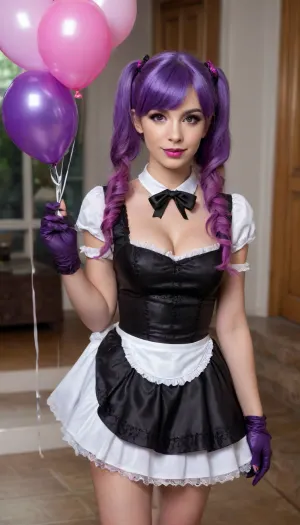 "I am a female alpaca. I have big pink lips with a purple contour, covered with shiny oil. I am presented in high resolution, with perfect lighting and full inclusion in the frame. My arms, legs, and face are detailed, with an emphasis on ultra-realistic details. I have long, gorgeous hair and a perfect, well-proportioned figure. My skin and hair have been treated to look healthy and shiny. I have big, plump lips that shine and reflect light, with makeup that includes long blue eyelashes and olive eyeshadow with sparkles. My hair is styled in five pigtails with straight blue bangs decorated with sequins. My eyes have a snake-like look. I am presented in an aesthetically pleasing environment, with elements such as stars, nebula and the sky in the background. My clothes and accessories, including a black dress, gloves, and a ribbon around my neck, are carefully chosen to match the overall aesthetic., (cum on face:1.33), masterpiece, best quality, perfect lighting, full body, (french maid:1.23), cum, facial, dripping, *Neon hair*, happy, birthday, solo, cake, candle, balloon, gift, <lora:checkpoint-e18_s594:.8>