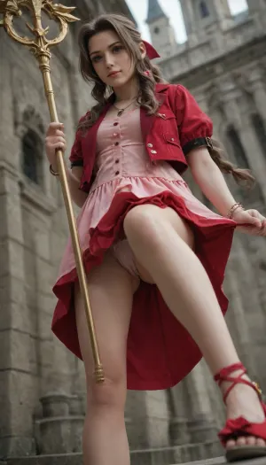 18 Year Old, Aerith from Final Fantasy 7, wide angle, high quality, upskirt, cute outfit, 8k Resolution, UHD, princess guard staff