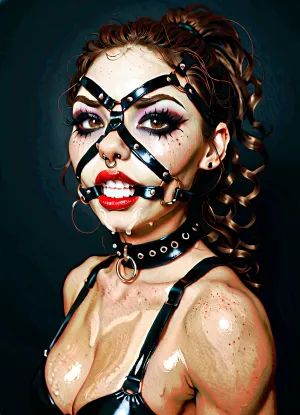 ((30 years old, Tipical italian girl, fit body, fake booobs, perfect cute face, curly very long brown hair in ponytail, brown eyes, light freckles, bimpo lips, skin pores, smooth skin, round ass, hips gap, oiled body)), ((heavy goth makeup, eyeshadow, eyeliner, mascara, red lipstick)), (slave collar), ((nose ring piercing, septum piercing:1.5)), (wearing a black thong), ((face harness gagged mouth:1.5)), ((drooling saliva from mouth, lot of saliva)), in a country apartment, chiaroscuro, style, dim, light, ball, gag, spider, bit, ring, <lora:add-detail-xl:1.3>, <lora:polyhedron_chiaroscuro-000005:.8>, <lora:detailed_notrigger:1.2>, <lora:gagged-4e:.8>