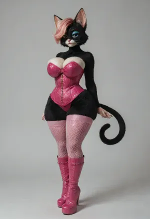 facing the viewer, ((makeup:1.5), long fake eyelashes, blue eyeshadow with glitter), (anthro furry cat:2), (anthro cat girl:1), sexy hourglass figure, long tail, (huge tits:1.8), full body shot, (cat paws), thick thighs, (huge bubble butt:1), (very wide hips:1.3), (narrow waist), anthro cat body, hot pink peekaboo hairstyle, bangs covering one eye, sultry expression, black fur, (hot pink corset, black miniskirt, pink knee high boots, white thigh high fishnet stockings), plain white background
