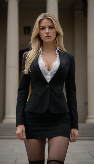 beautiful female Secret Service agent, Caucasian, blonde very long hair, wild hair, wearing white lace bra under clean tailored black suit, black blazer and very short pencil skirt, black stockings, wide black collar, no panties, cleavage, detailed large breasts, detailed shaved pussy, serious focused expression, standing in action pose by a blurred government building backdrop, doing a high kick, natural daylight, subtle wind movement in suit fabric, realistic skin texture, sharp focus portrait framing, cinematic neutral color grade, high-resolution ultra-realistic photography, crisp suit details, lifelike depth of field, subtle film grain, authoritative professional presence