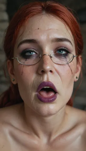 (face only:1.3), (red hair:1.3), thick glasses, ponytail, looking at viewer, orgasm, purple lipstick, dungeon, (granny 75-80:1.3), (Deep wrinkles:1.2), face wrinkles, open mouth, (smeared goth makeup:1.3), close up, naked, ugly