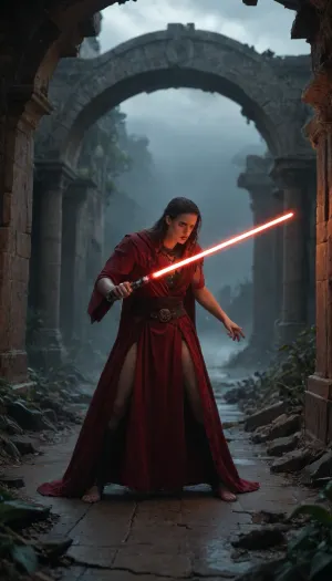 (((female Jedi having sex with male Sith, prefect face, prefect hands and fingers, prefect feet))), ((female Jedi in robes are torn cling lightly to her form with excess looseness, the fabric draping over her curves in a way that feels alluring, idle glowing blue lightsaber, eyes focused and serene. Opposite her stands a fierce male Sith, sharp-featured and aggressive, igniting a crimson lightsaber, he is bleeding where his robes were cut)), (Dramatic lighting, storm clouds, cinematic motion blur, high detail, epic sci-fi fantasy atmosphere, tension between light and dark, night, in an ancient ruins, ruins overgrown with plants)