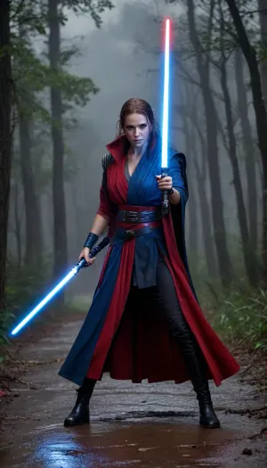 (((A cinematic Star Wars–style duel unfolds in a rain-soaked, ruined stone plaza at night. A calm, resolute female Jedi in torn robes wields a glowing blue lightsaber, her stance balanced and precise, eyes focused and serene. Opposite her stands a fierce male Sith, sharp-featured and aggressive, igniting a crimson lightsaber that crackles with raw power and rage. Rain hisses on scorched ground as blue and red blades clash in flashes of light, sparks flying, debris levitating under violent Force waves. The Sith attacks relentlessly with heavy, furious strikes, the Jedi counters with controlled, fluid movements guided by the Force. Dramatic lighting, storm clouds, cinematic motion blur, high detail, epic sci-fi fantasy atmosphere, tension between light and dark.))), (night, moon light, outside on jungle path, in ancient forest), cinematic lighting, (((fighting stance, holding lightsaber with both hands, lightsabers are crossed))), (elegant royal Jedi pr Sith robes), (prefect hands, prefect fingers, perfect feet), showing huge breasts, showing huge penis