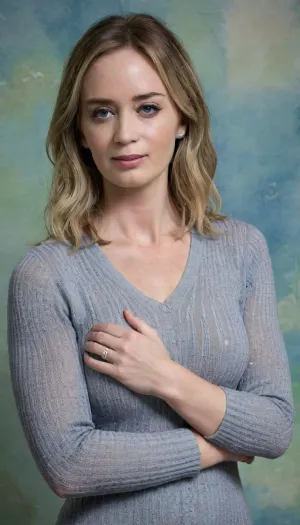 NSFW, "mature Emily Blunt", "A young woman stands against a textured blue background. She has long, wavy blonde hair that cascades over her shoulders. Her skin is fair, and she smiles warmly at the camera. She wears a long, grey knitted dress with long sleeves that reaches above her thigh. The dress has a deep V-neck, revealing part of her large breasts. It is adorned with vertical ribbed patterns. Her right arm is crossed over her left, and her left hand rests on her right forearm, displaying several rings on her fingers. A simple green bracelet is visible on her right wrist. The texture of the knitted dress contrasts with the smoothness of her skin and the soft waves of her hair. The blue background has a subtle marbled pattern that adds depth to the image. The overall composition is simple yet elegant, focusing on the woman and her clothing. The lighting is even, highlighting the texture of the knitted dress and the natural glow of her skin. The photograph has professional studio quality, with a sharp and precise focus on the person portrayed.", <lora:EmilyBluntSDXL:2>, <lora:blunt_lora_sdxl_v1-000008:2>