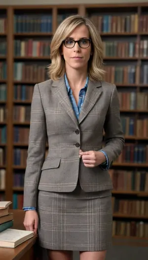 NSFW """Full body portrait of Kristen Wiig as professor Erin Gilbert. She is wearing a conservative plaid blazer, a button-up blouse, and a knee-length skirt. She has her signature blonde hair and glasses. Setting, a dusty university library with books and chalkboards. Sharp focus, professional photography style, 2010s aesthetic."