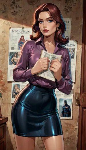 (Lois Lane), upper body shot, Adult woman with, (shoulder-length dark brown hair), slim professional build, wearing a, (purple blouse and black skirt), (standing inside a modern newsroom), (newspapers on the floor and walls), Superman photo on the wall, holding a notepad and pen, confident upright posture as if asking a question, Metropolis, small breasts, long legs, sarcastic expression, high contrast, (from behind), (bending over), (reiq style), <lora:ratatatat74-000050:2>, <lora:detailed_notrigger:2>