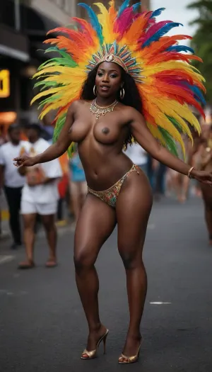 25 year old athletic topless carnival dancer, curvy, luscious nude breasts with dark nipples, round sexy ass, long toned legs, thong, dark skin ebony African, dancing on the street, carnival, Nassau, bright colors feather costume, posing, full view, tall