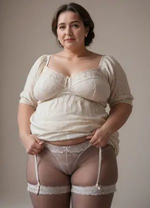 An elderly English aristocrat wearing long patterned trousers from the Victorian era an elderly aristocrat of the Victorian era in transparent underwear of the 19th century vintage. white transparent knee-length knickers with embroidery and ruffles, (((knickers:1.4))), (((tights))), (obese:1.1), (mature woman with fat folds:1.4), Big ass Wide hips big thighs.knickers trousers of the Victorian era, (((flatchested))), skirtlift, <lora:skirtlift_xl:.8>, Kurumi, Imari, <lora:Kurumi Imari:.8>