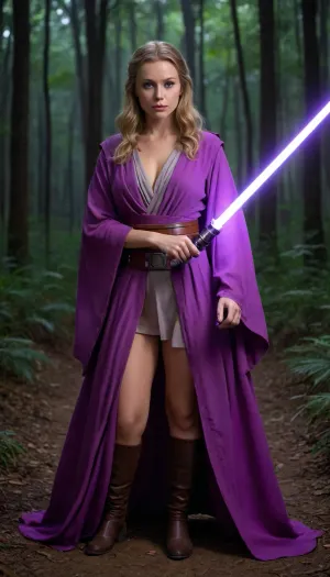 ((woman, Jedi Knight, in Jedi Garb)), (night, moon light, outside on jungle path, in ancient forest), cinematic lighting, (((purple lightsaber, holding lightsaber with both hands, fighting stance))), long blond hair, blue eyes, elegant royal Jedi robes, showing huge breasts