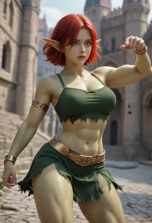 Green skinned elf woman in a castle hall, (((totally green skin))), red hair, pointed elf ears, short green top, exposed midriff, short green skirt, ripped clothes. gold jewelry, large breasts, small hips, fantasy setting, very muscular, abs, (dynamic pose:1.4)