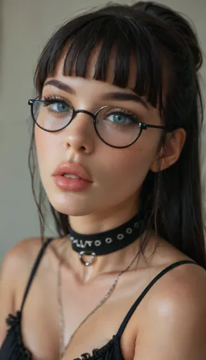 score_9, score_8_up, score_7_up, score_6_up, 1girl, pale, (looking at viewer slutty expression with kiss lips:1.6), tied hair with a fringe, black round glasses, goth makeup, black lipstick, ((very long black hair, fringe)), choker, giant tits, half body, detailxl, 4ng3l, face, <lora:MJ52:.8>, <lora:attractive_notrigger:.8>, <lora:SDXL_BetterFaces-LoRA_v1:.8>