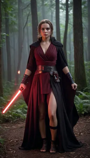 ((female, Jedi Knight, in Jedi Garb)), ((male, Sith Lord, in Sith Garb)), (night, moon light, outside on jungle path, in ancient forest), cinematic lighting, (((fighting stance, holding lightsaber with both hands, lightsabers are crossed))), (elegant royal Jedi pr Sith robes), (prefect hands, prefect fingers, perfect feet), showing huge breasts, showing huge penis