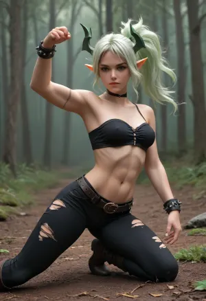 black elf woman in a dark forest, (((pitch black skin))), black hair, pointed elf ears, scanty ripped clothing, small hips, tiny ass, fantasy setting, thin but fit, abs, (dynamic pose:1.4)