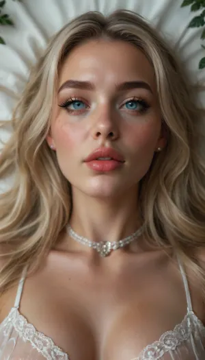 score_9, score_8_up, score_7_up, (((A stunning 30 year old blonde with fair skin, long blonde hair, and deep expressive eyes, posing gracefully. Her lips are full with a natural rosy tint, highlighted by subtle makeup that emphasizes her feminine features.))), ((She wears an intricate white transparent lace bodysuit with floral embroidery and geometric strap patterns that accentuate her curvy yet elegant figure.)), ((Crisp white bedding, enhancing the refined yet intimate atmosphere.)), laying on her back with spread legs, detailed vagina, (Ultra-detailed, hyper-realistic, high-resolution style, cinematic lighting, perfect focus.), <lora:BUT_SDXL_SHS:1.5>, <lora:DetailedEyes_V3:1.5>, <lora:chest_adjust:1.5>, <lora:sagging-000015:1>, <lora:SDXL_MassiveCowsLoRA_v1:1>