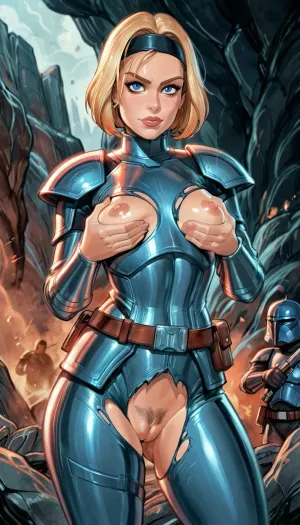 (Upper body shot:1.4), (bo katan kryze), (Star Wars), soft expression, caring face, grabbing her breast, Athletic adult woman with fair skin and sharp features, short blonde hair with a black headband, wearing blue and gray Mandalorian armor with a jetpack on her back, holding the Darksaber ignited in one hand, standing on a rocky sci-fi battlefield, strong commanding stance, intense focused expression

Athletic body, standing in a Mandalorian starship, strong confident stance, ready for combat small breasts, (ripped clothing:1.2), perky nipples, stoic expression, hairy pussy, godpussy, high contrast, (reiq style), <lora:cartoon_stickers_xl_v1:2>, <lora:ratatatat74-000050:2>, <lora:detailed_notrigger:2>