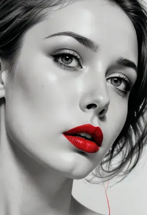 Minimalistic, ((pen and ink art)), on paper, b/w, red paint on lips, depicts a young woman, exquisitely portrayed with graceful lines and subtle curves. Her face is a captivating blend of vulnerability and strength. The reduced canvas emphasizes her presence. profil view. /©KlTTY-ART/