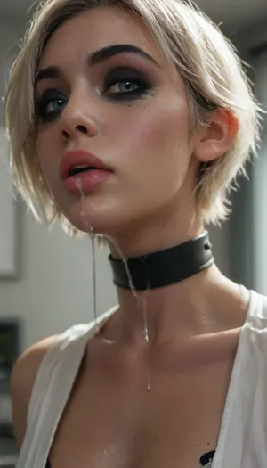 (((young))), (white short hair:1.5), slutty clothes, (black collar), slim hourglass body, horny face, (spit dripping off her chin:2), attractive body, (black makeup:2), (blue eyes), (into the office), (face close up:1.4), (plunging neckline), (black crop top), skinny, perfect skin, beautiful face, ultra high details, hdr, natural tits, close up full body view, standing, toned body, vivid colors, Stable-Yogis-Makeup-Enhancer-XL, detailxl, detailed eyes, movie, still, film, cinematic, shot, lighting, macro, 35mm, <lora:DetailedEyes_V3:2>, <lora:AdvancedEnhancerXLv2:2>, <lora:style_lora_realis:2>