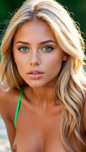 Hot gorgeous girl, blonde long hair, beautiful feminine face, tan lines visible, green eyes, big eyes, breathtaking natural beauty, tight and firm, six pack, muscular, astonishing beautiful 18 years old girl, full lips, wide mouth, perfect cheekbones, perfect chin, delicate thin eyes, topless, medium breasts, shaved pussy